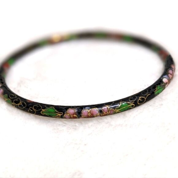 Vintage 1970's Black & Pink Chinese Cloisonne Enamel Floral Bangle Bracelet - Picture 11 of 13